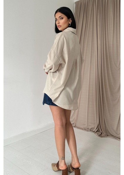 Mottisfashion Bej Boyamalı Keten Baskılı Taşlı Gömlek indirimleri