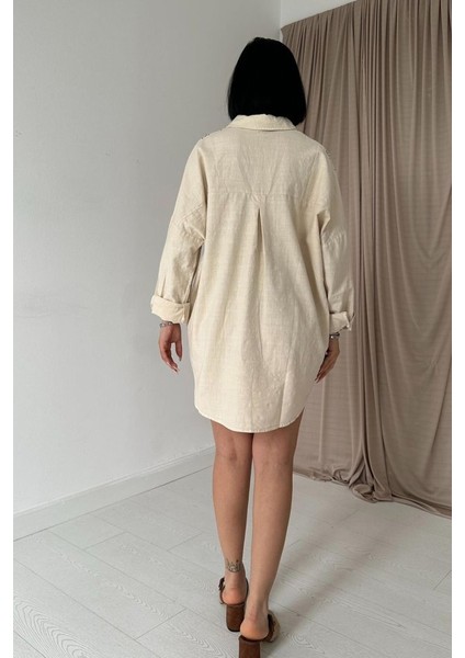 Mottisfashion Bej Boyamalı Keten Baskılı Taşlı Gömlek