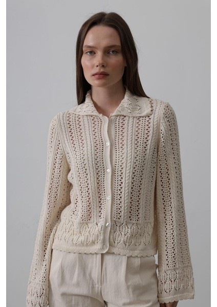 Mottisfashion Gömlek Yaka Uzun Kol Triko - Ekru