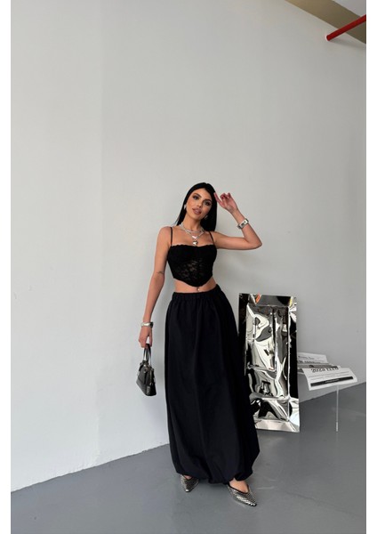 Mottisfashion Bel Lastikli Balon Etek Şanel Boy Soft Kumaş - Siyah