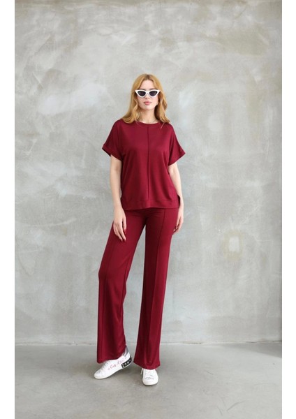 Mottisfashion Osy Modal Yumuşak Dokulu Kumaş Bisiklet Yaka Kısa Kollu Takım - Bordo