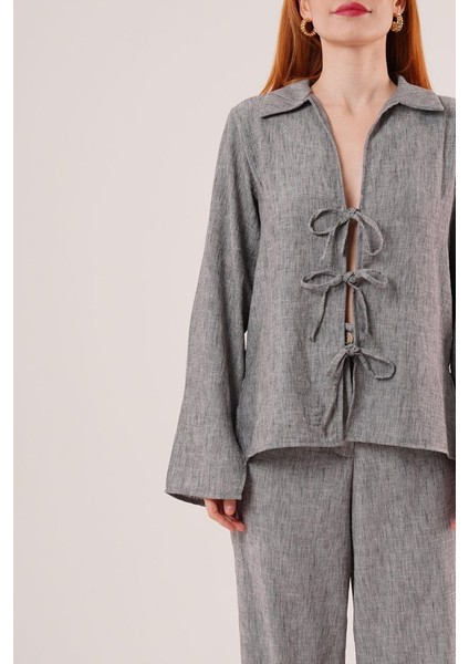 Mottisfashion Ön Bağlama Detaylı Pantolon ve Gömlek Antrasit Ikili Takım modelleri