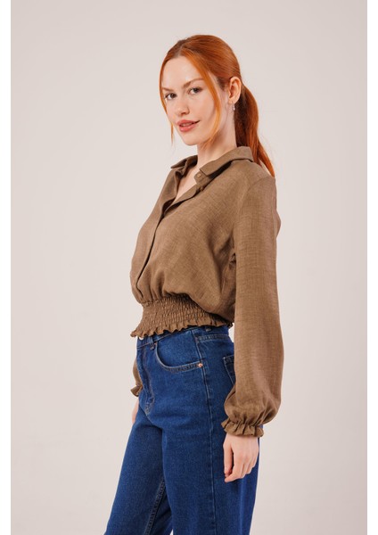 Mottisfashion Bel ve Bilek Lastikli Kahverengi Bluz