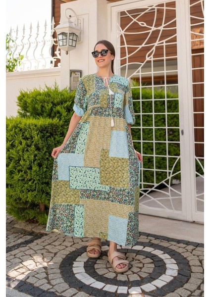 Mottisfashion Yeşil Salaş Desenli Elbise fırsatları
