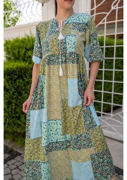 Mottisfashion Yeşil Salaş Desenli Elbise