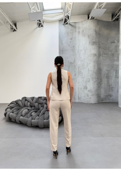 Mottisfashion Ti̇na Asi̇metri̇k Keten Yelek Pantolon Takim fiyatları