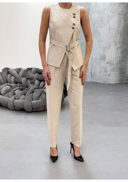 Mottisfashion Ti̇na Asi̇metri̇k Keten Yelek Pantolon Takim