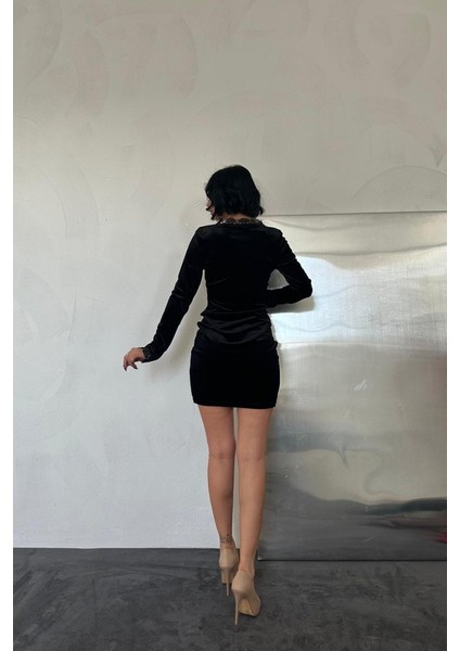 Mottisfashion Siyah Yaka ve Kol Dantelli Mini Elbise modelleri