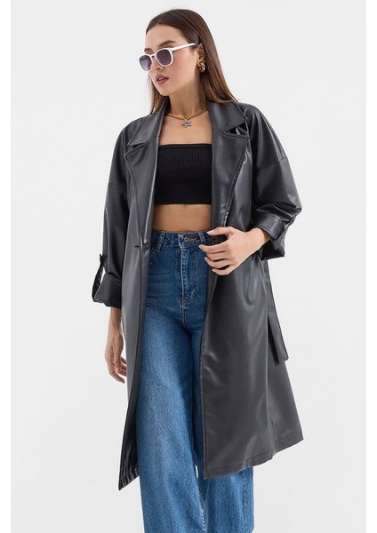 Mottisfashion 1034 Kuşaklı Suni Deri Trençkot - Siyah
