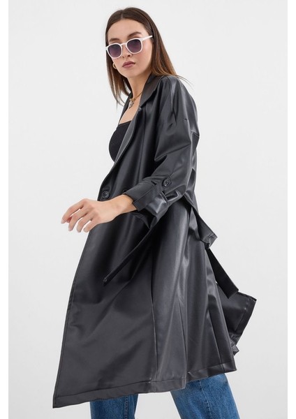Mottisfashion 1034 Kuşaklı Suni Deri Trençkot - Siyah fiyatları