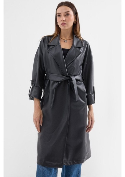 Mottisfashion 1034 Kuşaklı Suni Deri Trençkot - Siyah modelleri