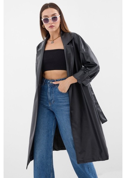 Mottisfashion 1034 Kuşaklı Suni Deri Trençkot - Siyah
