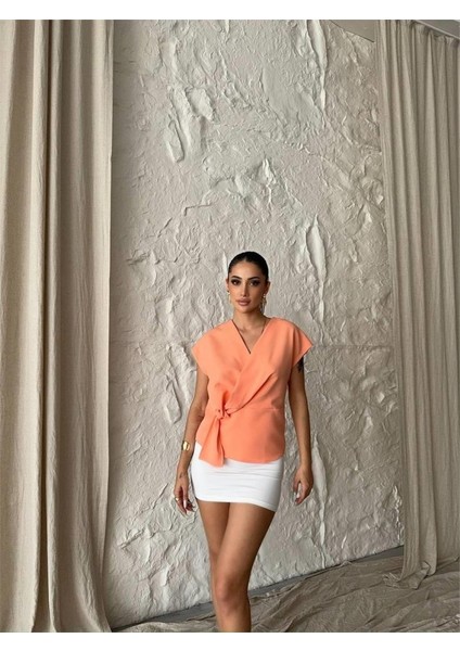 Mottisfashion Yandan Bağlama Detaylı Kolsuz Bluz - Somon