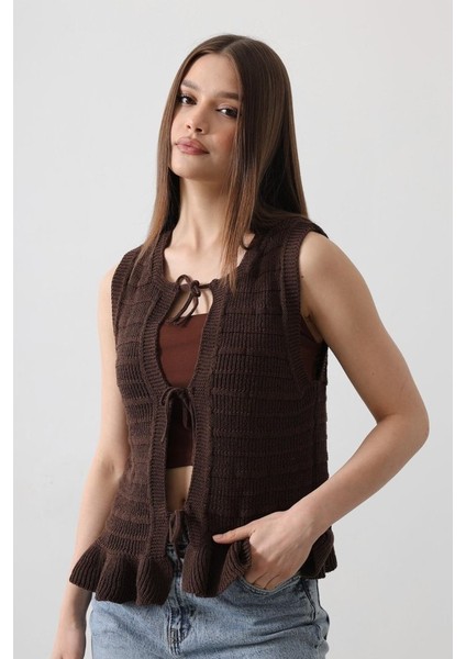Mottisfashion Önü Bağlamalı Yelek - Kahve modelleri