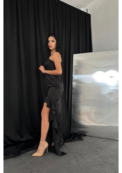 Mottisfashion Siyah Volanlı Saten Abiye fırsatları