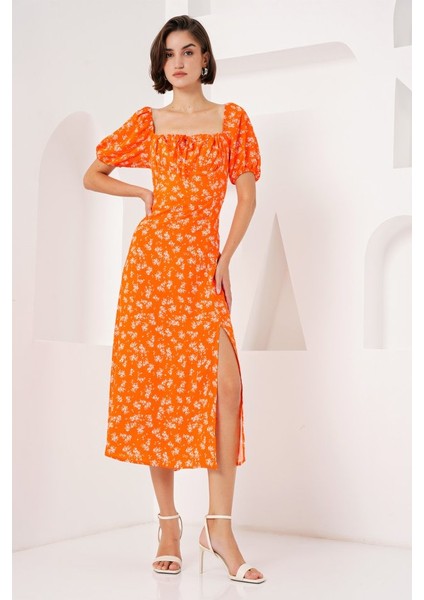 Mottisfashion 2387 Yırtmaç Detaylı Elbise - Turuncu