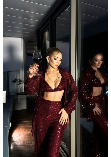 Mottisfashion Pul Payet 3 Lü Takım - Ceket-Büstiyer-Pantolon - Bordo indirimleri