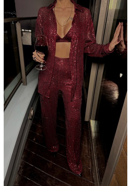 Mottisfashion Pul Payet 3 Lü Takım - Ceket-Büstiyer-Pantolon - Bordo
