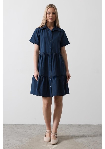 Mottisfashion Kısa Kol Düğmeli Elbise - Indigo