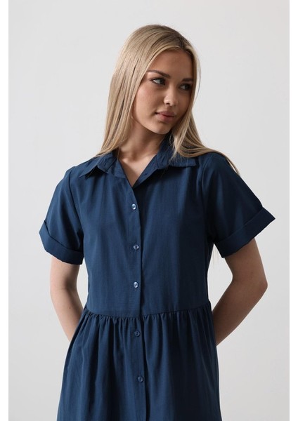 Mottisfashion Kısa Kol Düğmeli Elbise - Indigo
