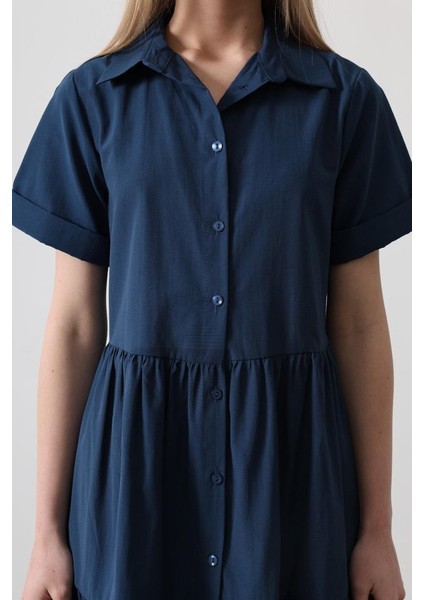 Mottisfashion Kısa Kol Düğmeli Elbise - Indigo