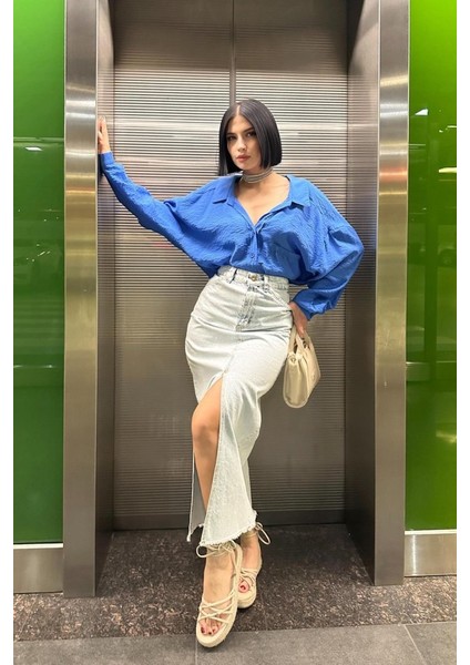 Mottisfashion Kar Yıkama Yırtmaçlı Kot Etek