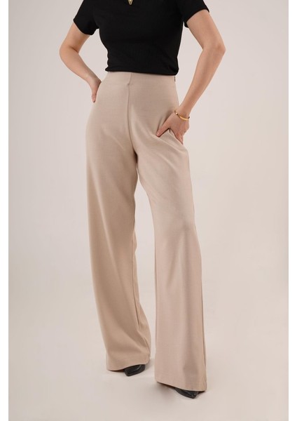 Mottisfashion Bol Paça Yandan Fermuarlı Krem Kumaş Pantolon