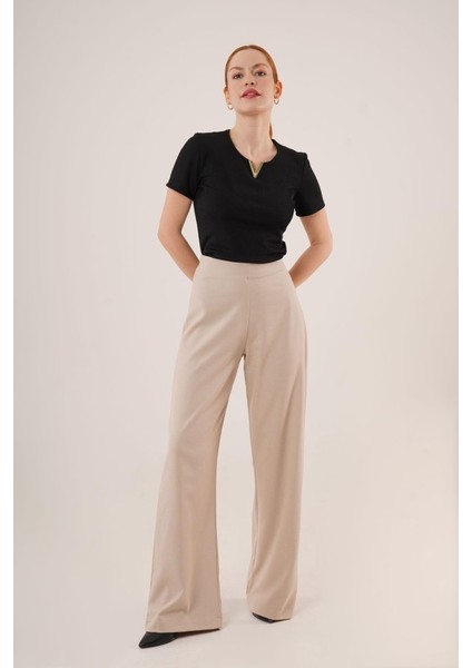 Mottisfashion Bol Paça Yandan Fermuarlı Krem Kumaş Pantolon