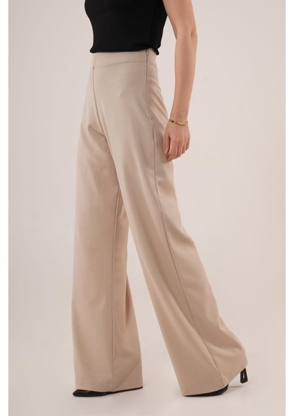 Mottisfashion Bol Paça Yandan Fermuarlı Krem Kumaş Pantolon