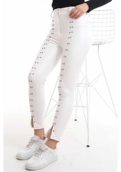 Mottisfashion Beyaz Taş Işlemeli Deri Tayt fiyatları