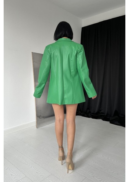 Mottisfashion Yeşil Düğmeli Deri Ceket