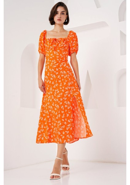 Mottisfashion 2387 Yırtmaç Detaylı Elbise - Turuncu fırsatları