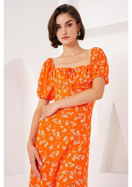 Mottisfashion 2387 Yırtmaç Detaylı Elbise - Turuncu