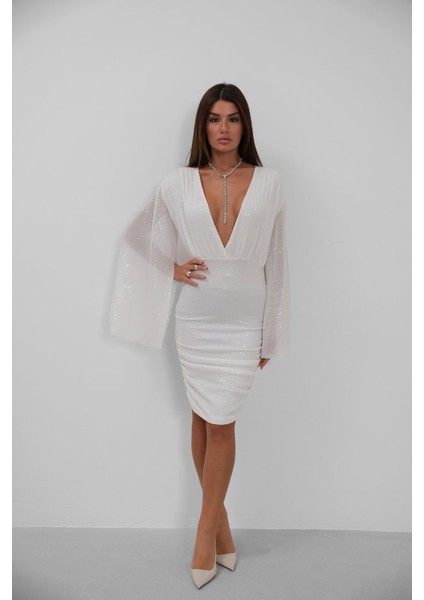 Mottisfashion Yarasa Kol Kruvaze Sırt Dekolteli Pullu Elbise