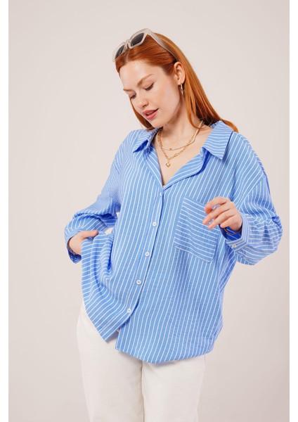 Mottisfashion Çizgi Detaylı Cepli Mavi Gömlek