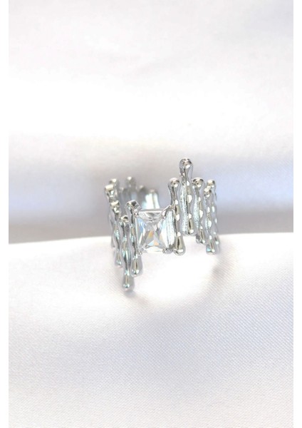 Silver Renk Tırtıklı Kalın Baget Taş Tasarım Ayarlanabilir Yüzük