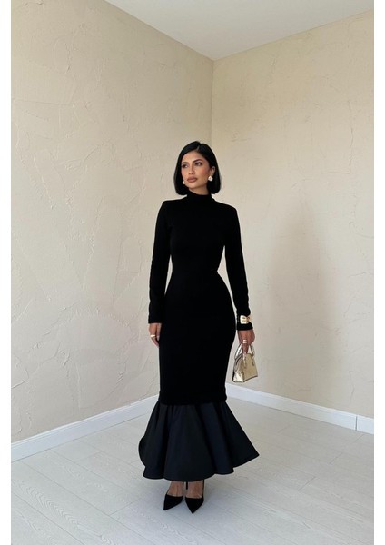 Mottisfashion Siyah Eteği Garnili Triko Elbise