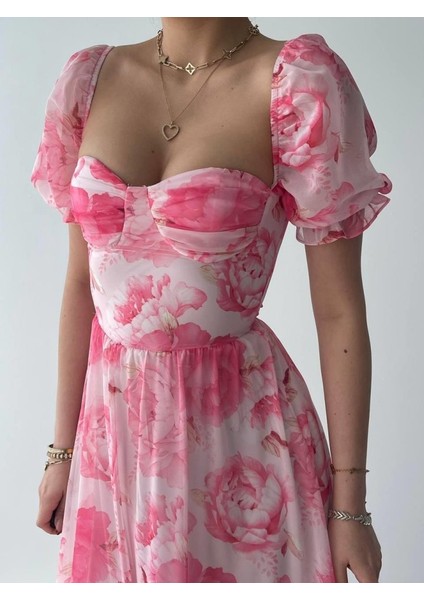 Mottisfashion Şifon Kumaş Dijital Desen Baskılı Elbise