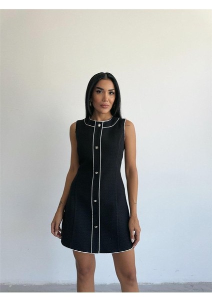 Mottisfashion Chanel Kumaş Kısa Önden Düğmeli Elbise - Siyah