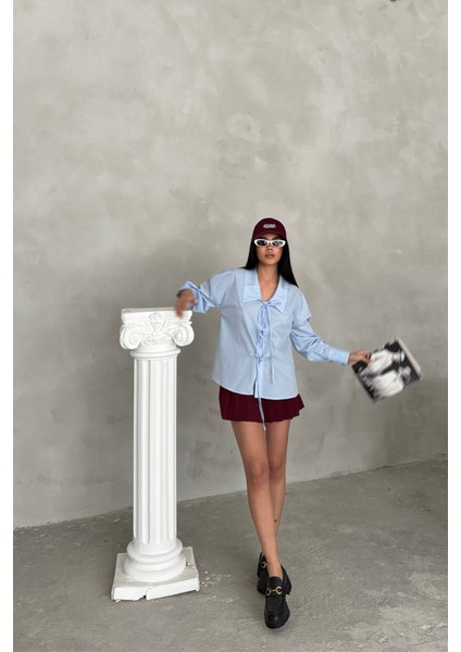 Mottisfashion Okul Yaka Poplin Gömlek Ip Bağlama Detaylı - Bebe Mavi