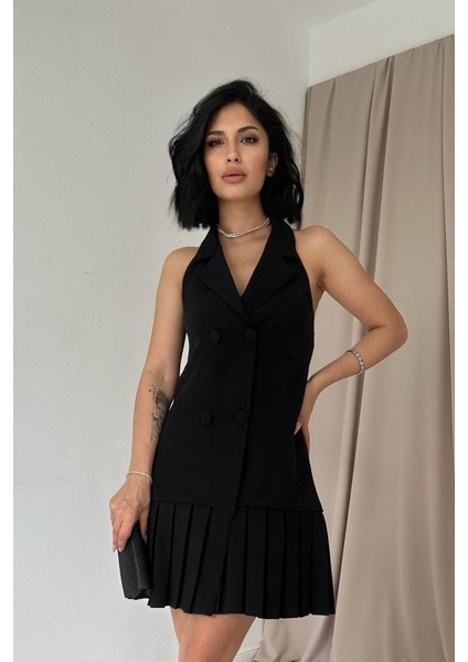 Mottisfashion Siyah Sırtı Açık Ceket Yakalı Elbise fiyatları