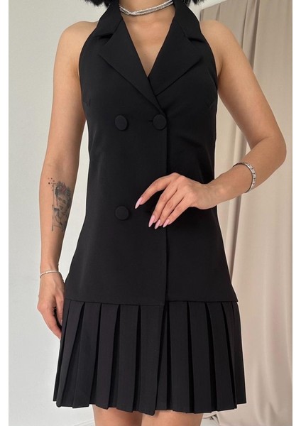 Mottisfashion Siyah Sırtı Açık Ceket Yakalı Elbise modelleri