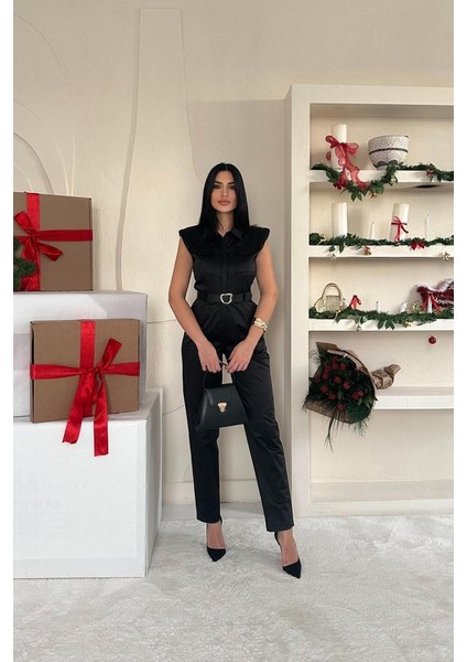 Mottisfashion Siyah Vatkalı Kemerli Tulum