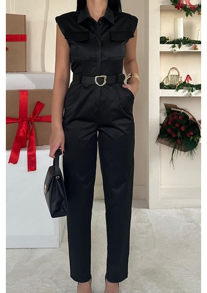 Mottisfashion Siyah Vatkalı Kemerli Tulum modelleri