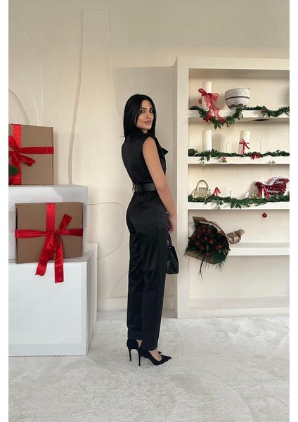 Mottisfashion Siyah Vatkalı Kemerli Tulum fırsatları