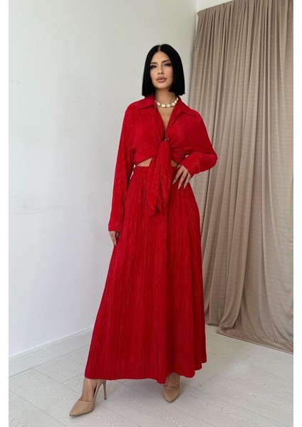 Mottisfashion Kırmızı Fitilli Gömlek ve Uzun Etek Takım