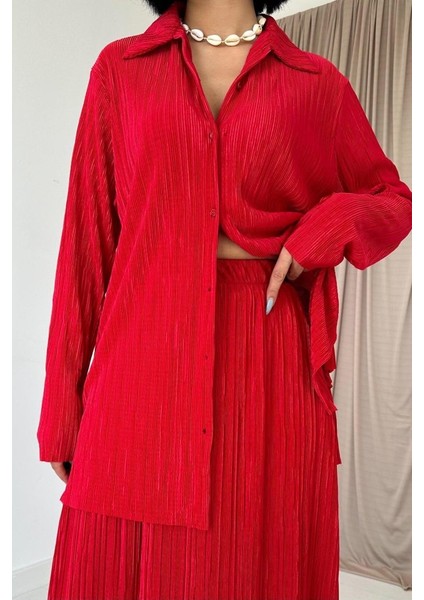 Mottisfashion Kırmızı Fitilli Gömlek ve Uzun Etek Takım modelleri