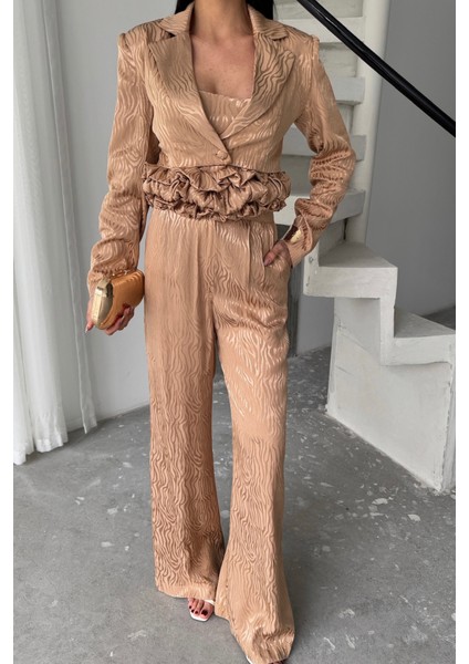 Mottisfashion Jakarlı Bluzu Tasarım Detaylı Ceket-Pantolon-Bluz 3 Lü Takım - Bej modelleri