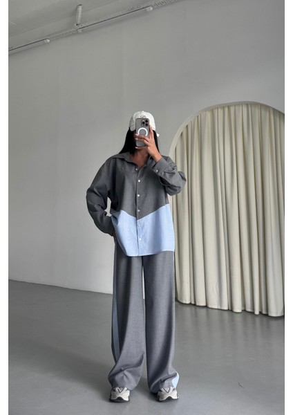 Mottisfashion Polyviskon - Poplin Parçalı Gömlek Pantolon Takım - Gri fırsatları