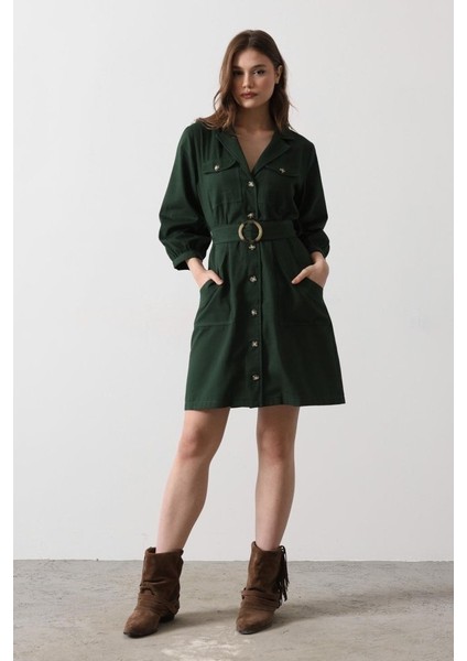 Mottisfashion Kemer Detaylı Gabardin Elbise - Haki modelleri